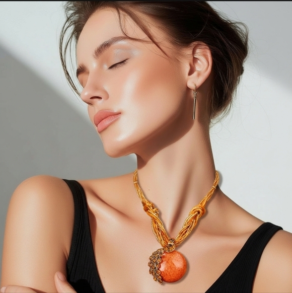 Boutique Jewelry - Boho Stunning Orange Necklace with Gold Accents Beading Rhinestones